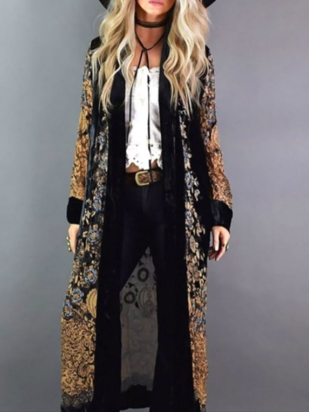 Heida Abra Isadora Opera Coat Bohemian Black & Tan Silk Burnout Duster Robe